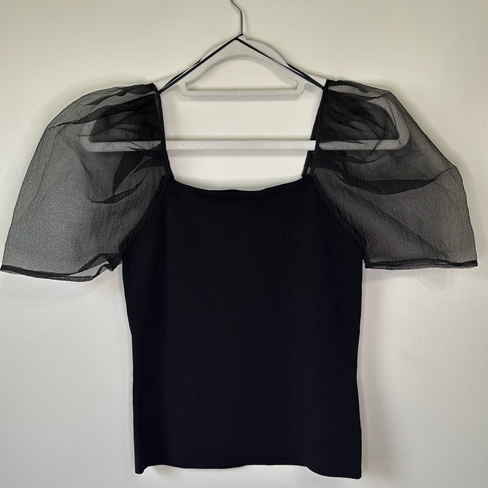 Endless Rose Women's Short See-Through Organza Puff Sleeve Top in Black